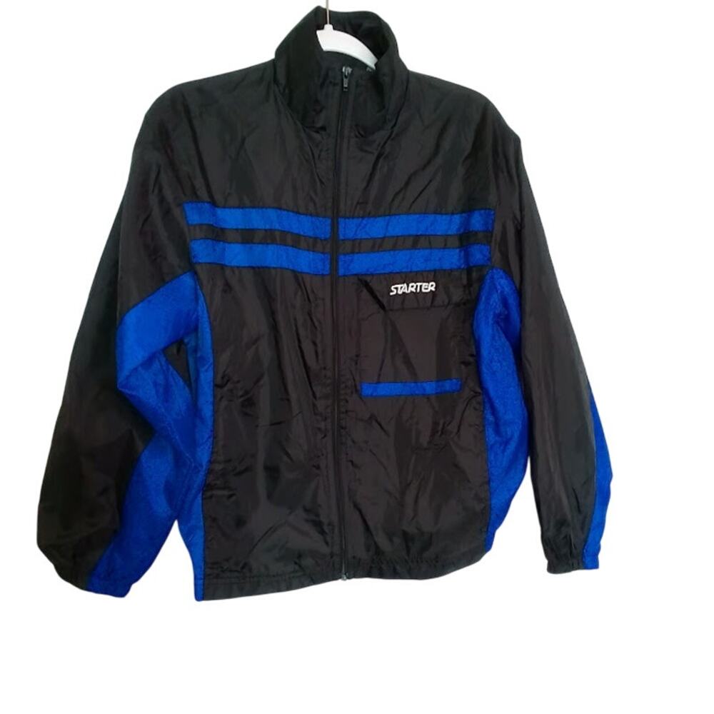 Starter Boys L 14/16 Black Blue Full Zip Windbreaker Jacket Retro